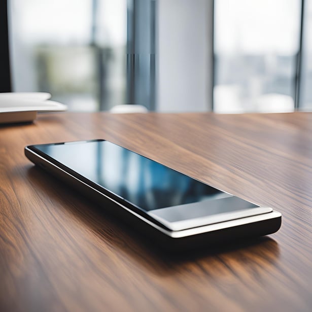 Smartphone placed on a wooden desk, representing mobile communication and technology.