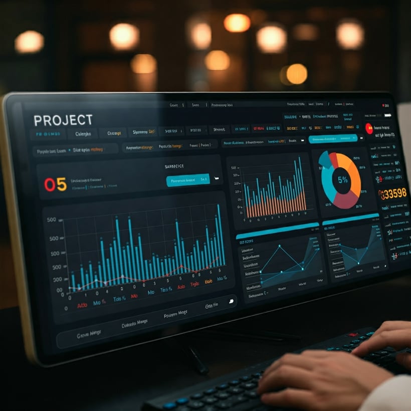 Project management dashboard displaying analytics, graphs, and performance data for tracking project progress and metrics.