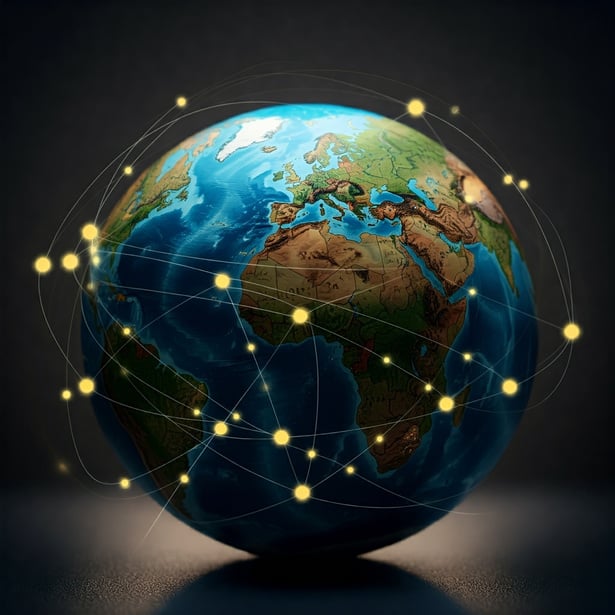 Globe showing global connections with network points representing worldwide communication and collaboration.