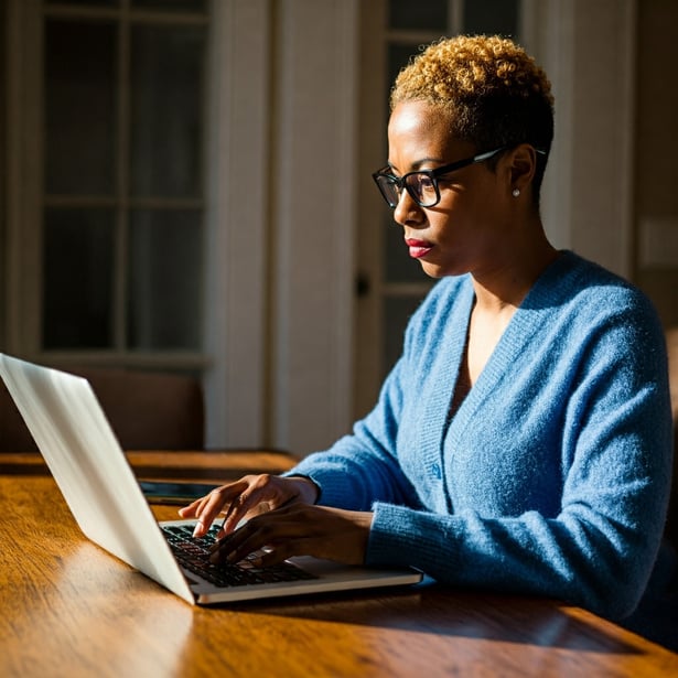 Professional woman working on a laptop, focusing on project tasks and remote collaboration.